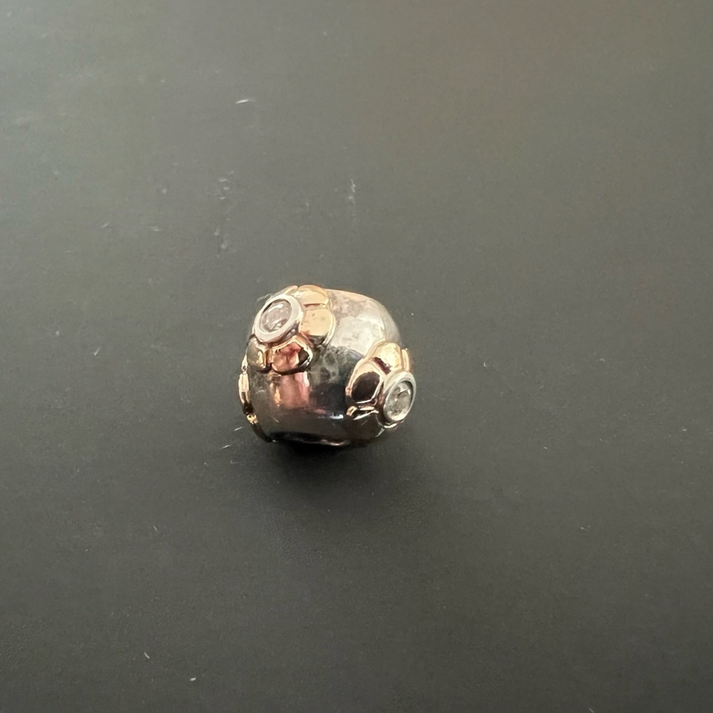 Pandora Retired Silver & Gold Flower Bead with Clear Gems